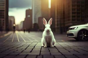 uma branco Coelho é sentado em a terra dentro frente do uma carro. gerado por IA foto