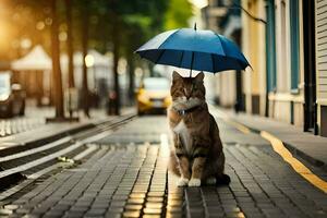 uma gato sentado em a rua com a guarda-chuva. gerado por IA foto