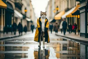 uma gato dentro uma amarelo casaco em pé em uma molhado rua. gerado por IA foto