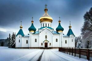 uma branco Igreja com ouro cúpulas dentro a neve. gerado por IA foto