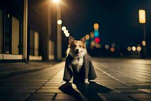 uma cachorro vestindo uma casaco em a rua às noite. gerado por IA foto