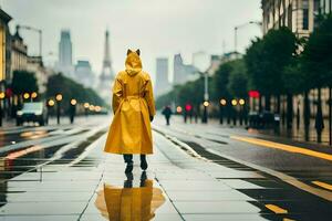 uma mulher dentro uma amarelo capa de chuva caminhando baixa uma cidade rua. gerado por IA foto