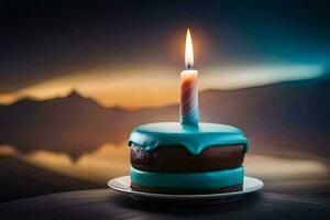 uma azul bolo com uma solteiro vela em topo. gerado por IA foto