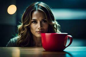 uma mulher é sentado às uma mesa com uma vermelho café copo. gerado por IA foto