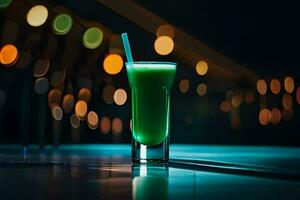 uma verde beber sentado em uma mesa dentro frente do uma borrado fundo. gerado por IA foto