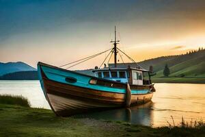 uma barco senta em a costa do uma lago às pôr do sol. gerado por IA foto