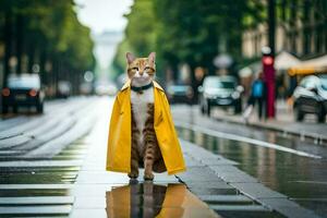 uma gato vestindo uma capa de chuva em uma chuvoso dia. gerado por IA foto