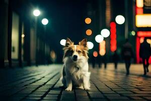 uma cachorro sentado em a calçada às noite. gerado por IA foto