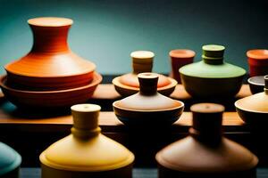 uma coleção do colorida cerâmico vasos e tigelas. gerado por IA foto