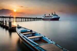 uma barco senta às a doca Como a Sol conjuntos. gerado por IA foto