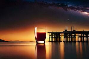 uma vidro do suco senta em a de praia às pôr do sol. gerado por IA foto