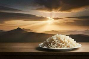 uma prato do arroz em uma mesa dentro frente do uma montanha. gerado por IA foto