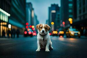 uma cachorro sentado em a rua dentro a cidade. gerado por IA foto