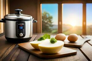 a elétrico pressão fogão com ovos e batatas. gerado por IA foto