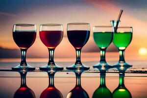 cinco óculos do diferente colori bebidas em a de praia. gerado por IA foto