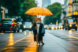 uma gato dentro uma terno segurando a guarda-chuva. gerado por IA foto