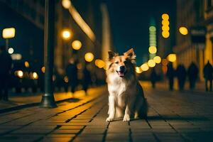 uma cachorro sentado em a rua às noite. gerado por IA foto