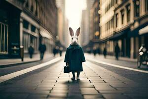 uma Coelho dentro uma casaco em pé dentro a meio do uma cidade rua. gerado por IA foto