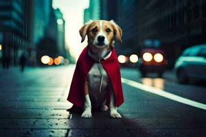 uma cachorro vestindo uma vermelho capa em a rua. gerado por IA foto