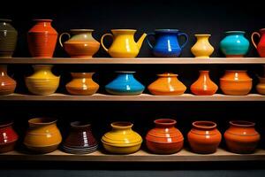 uma estante cheio do colorida vasos em uma Preto fundo. gerado por IA foto