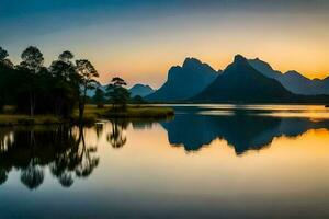 a montanhas estão refletido dentro a água às pôr do sol. gerado por IA foto