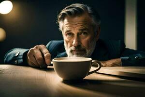 a Mais velho homem com uma barba e uma copo do café. gerado por IA foto