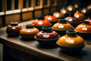 uma linha do colorida vasos em uma de madeira mesa. gerado por IA foto