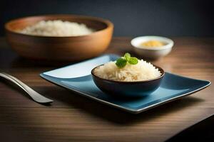 uma tigela do arroz e uma prato com uma colher. gerado por IA foto