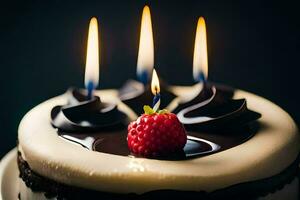 uma chocolate bolo com três velas e uma framboesa em topo. gerado por IA foto