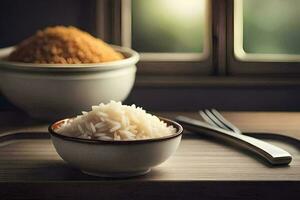 uma tigela do arroz e uma colher em uma mesa. gerado por IA foto