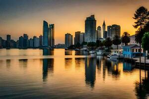 a cidade Horizonte é refletido dentro a água às pôr do sol. gerado por IA foto