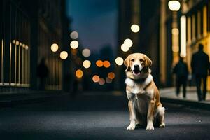 uma cachorro sentado em a rua às noite. gerado por IA foto