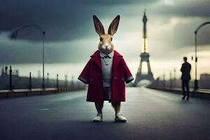 uma Coelho dentro uma vermelho casaco em pé dentro frente do a eiffel torre. gerado por IA foto