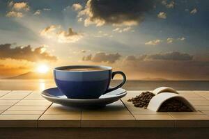 café, a sol, café, xícara, café feijões, a mar, a céu,. gerado por IA foto