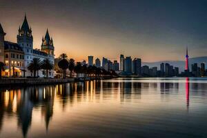 a cidade Horizonte é refletido dentro a água às pôr do sol. gerado por IA foto