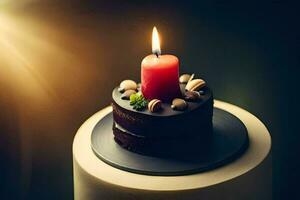 uma chocolate bolo com uma vela em topo. gerado por IA foto