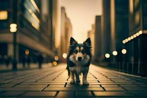 uma cachorro caminhando em uma cidade rua às crepúsculo. gerado por IA foto