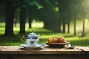 a chá Panela e biscoitos estão em uma de madeira mesa dentro a meio do uma parque. gerado por IA foto