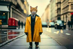 uma gato vestindo uma amarelo capa de chuva e gravata em a rua. gerado por IA foto