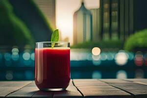 uma vidro do vermelho suco sentado em uma mesa dentro frente do uma cidade Horizonte. gerado por IA foto