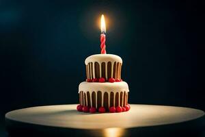 uma pequeno aniversário bolo com uma aceso vela. gerado por IA foto