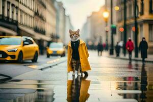 uma gato dentro uma amarelo casaco em pé em uma molhado rua. gerado por IA foto