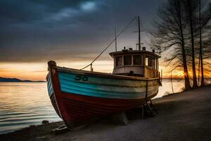 uma barco senta em a costa às pôr do sol. gerado por IA foto