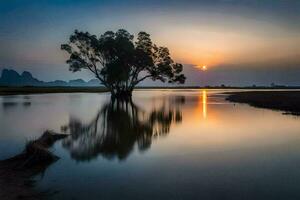 uma solitário árvore dentro a meio do uma rio às pôr do sol. gerado por IA foto