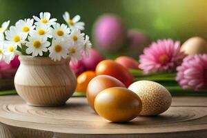 Páscoa ovos e flores dentro uma vaso em uma mesa. gerado por IA foto