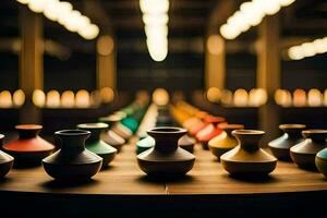uma linha do colorida vasos em uma de madeira mesa. gerado por IA foto
