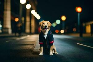 uma cachorro vestindo uma Jaqueta sentado em a rua às noite. gerado por IA foto