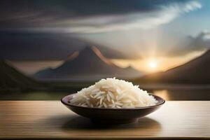 uma tigela do arroz em uma mesa dentro frente do montanhas. gerado por IA foto