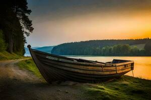 uma barco senta em a costa do uma lago às pôr do sol. gerado por IA foto