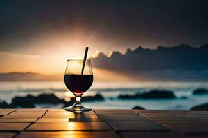 uma vidro do vinho em uma mesa dentro frente do a oceano. gerado por IA foto